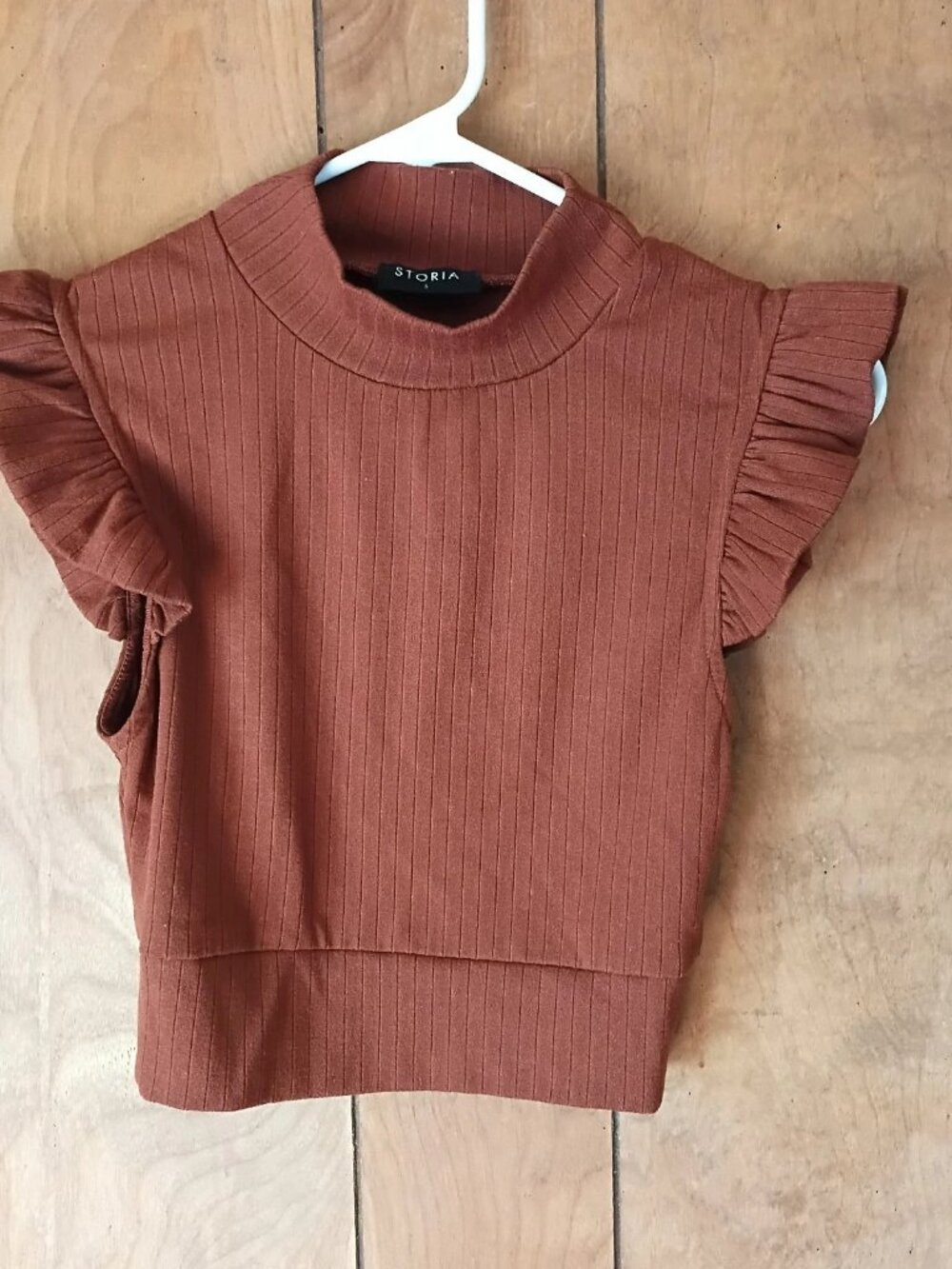 Storia Ribbed Ruffle Sleeve Crop Top Rust Poly Rayon Spandex Size S